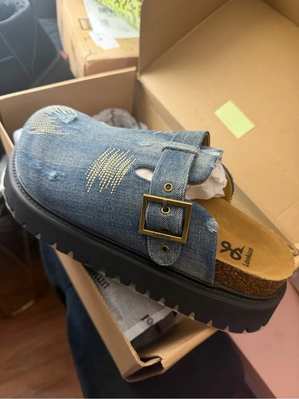 Kids Denim Slide Sandal with Decorative Buckle - Blue
